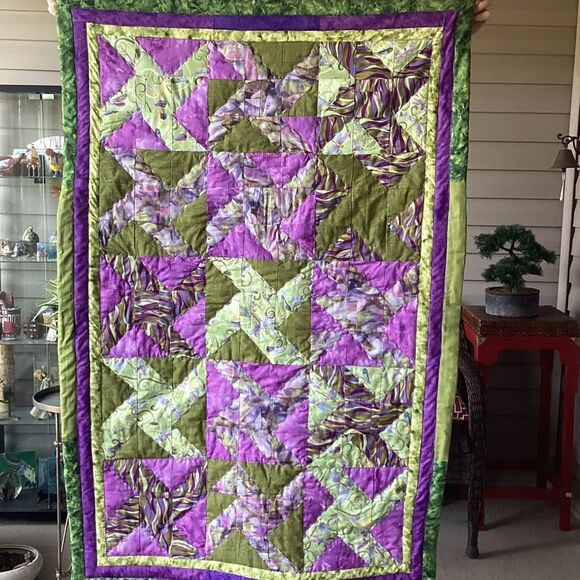 NWT  Hand Crafted Greens and Purples  Quilt - Picture 1 of 16